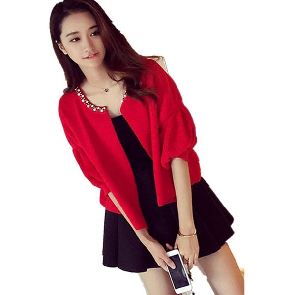 

fashion short cardigans autumn woman coat 2019 long lantern sleeve o-neck knit outwear fashion beading red woman knitwear pz1126, White;black