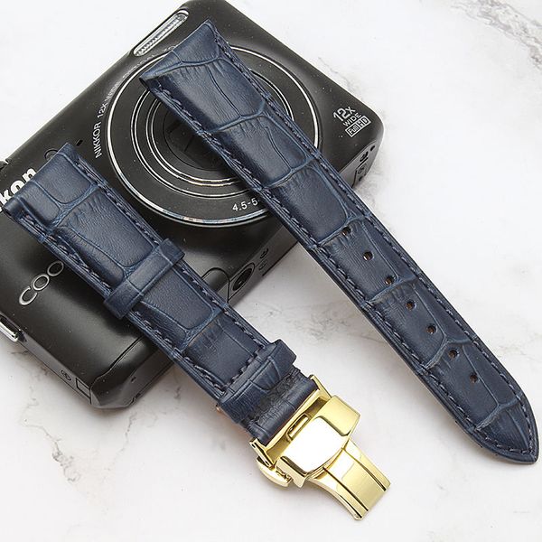 

quality watchband genuine leather watchband14 19 20 21 22mm dark blue watchbands strap silver butterfly clasp watch accessories, Black;brown