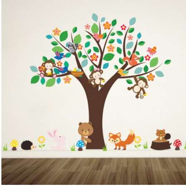 Forest Animals Monkey Play Under Flower Tree Wall Sticker For Kids