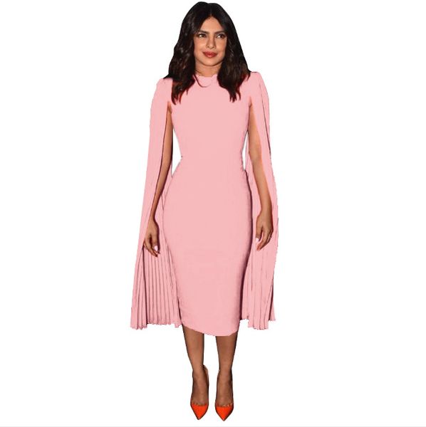 Elegant Evening Autumn Dress Cape Gown Pink Black Blue Plus Size Midi