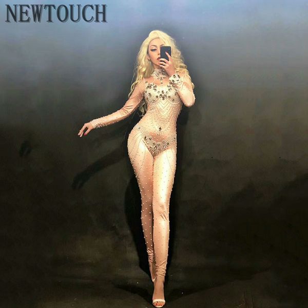 

stage wear shining glass drill high-elastic long-sleeved dress female singer dancer bright bodysuit one-piece party dresses, Black;red