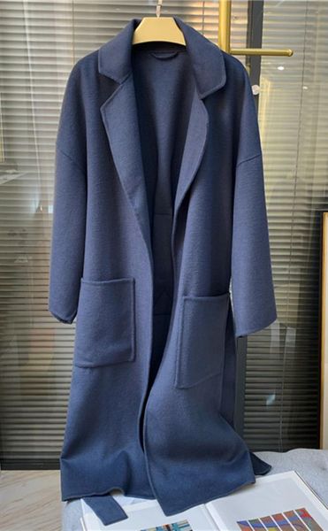

woolen coat with belt autumn winter women long jacket blue warm outwear, Black