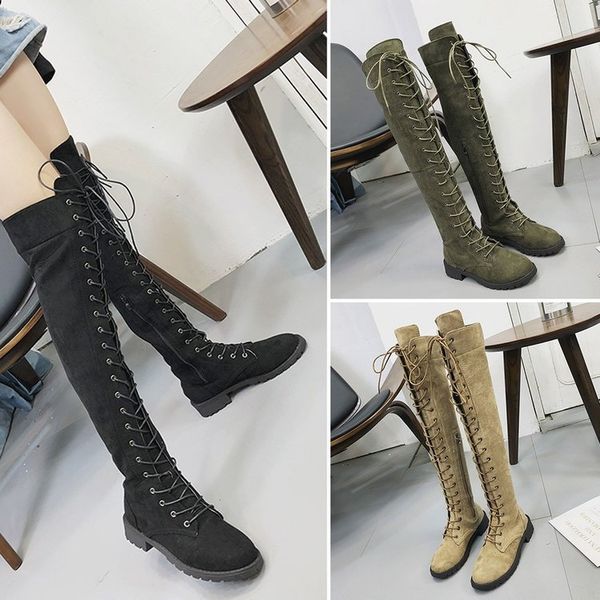 

fashion women over the knee high boots lace up bandage gladiator shoes thigh high combat low heel flat botas mujer invierno, Black