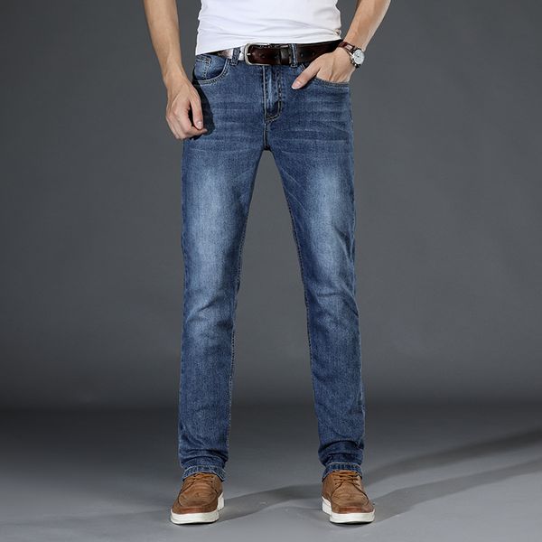 

2019 autumn jeans trousers cotton elasticity skinny jeans business casual male denim slim pants classic style blue and sky blue