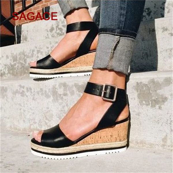 

retro womens fashion open toe ankle platform wedges shoes ladies roman sandals buty damskie wedges shoes mujer 2020 t200520, Black