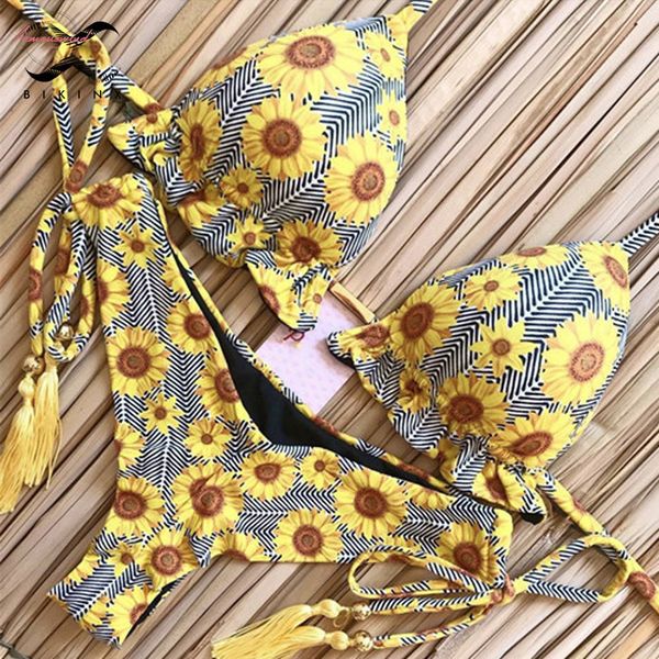 

tassel leaves print woman swimsuit 2020 new brazilian bikini thong bathing suit halter triangle swimwear women micro biquin, White;black