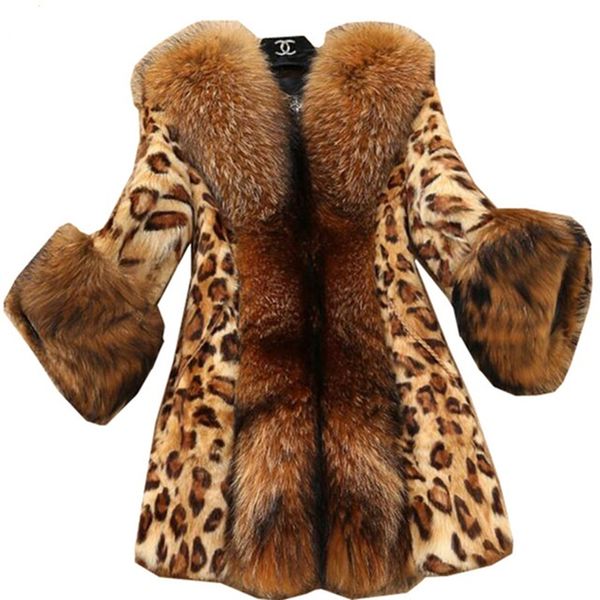

2018 women plus size 6xl imitation mink hair leopard print fur coats medium long boutique imitation raccoon fur collar coat, Black
