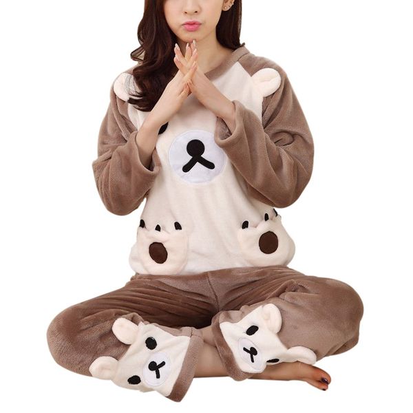 

autumn winter ladies long sleeves thick warm coral velvet suit home cute bear biscuits softs pajamas setsk, Black;red