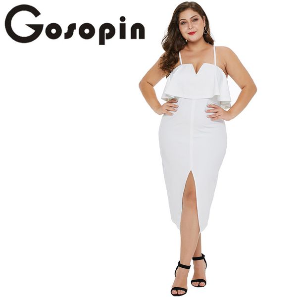 

gosopin slit plus size dress ruffle women summer dress 2019 elegant party ladies fashion spaghetti strap dresses lc610931, Black;gray