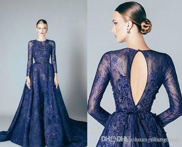 Темно-Синий Elie Saab Линия Вечерние Платья Кружева Аппликация Бисер Jewel Шеи Длинные Рукава Длина Пола Вечернее Платье Вечерние Платья Vestidos