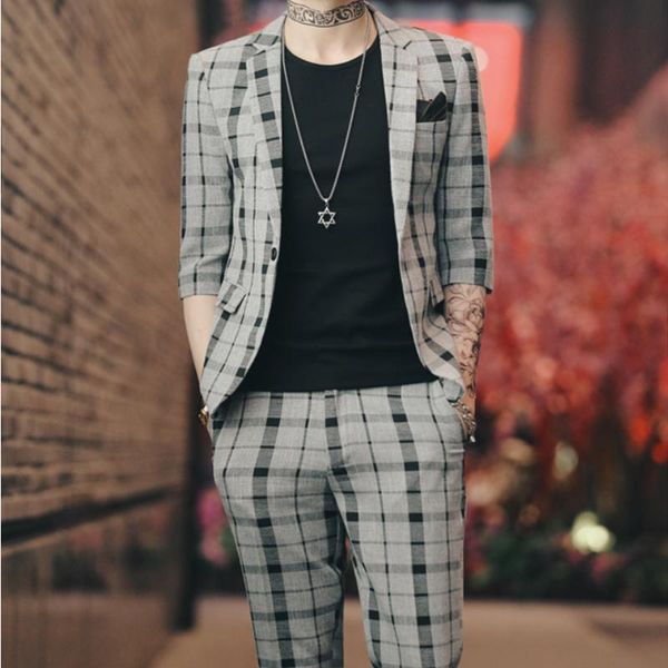 

лето новый уличный тренд мода молодежная корейская версия тонкий мужской костюм три четверти костюм плед печати повседневная мужская одежда, White;black