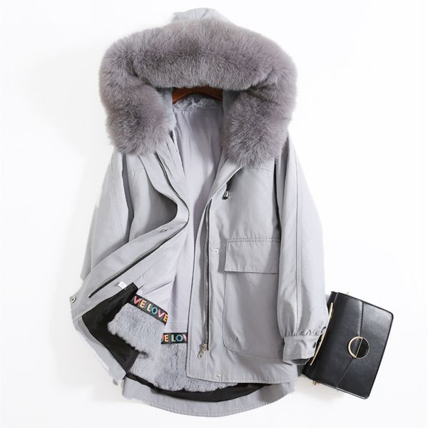 

rabbit fur super large fox collar detachable fur coat women parker coat 2019, Black