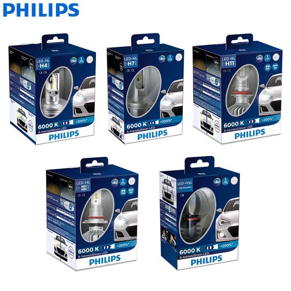 

philips x-treme ultinon led h4 h7 h8 h11 h16 9005 9006 hb3 hb4 12v 6000k car led head light auto fog lamps +200% brighter (twin