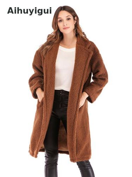 

aihuyigui winter runway women thick warm long outwerwear long sleeve cardigan lapel collar loose woollen coat dr565, Black