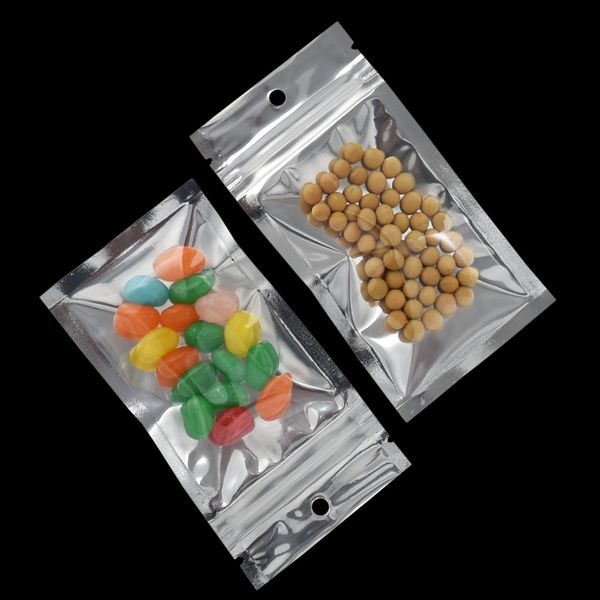 

100pcs/lot 8.5*14cm silver mylar foil packing bags hang hole plastic packaging pouch front clear aluminum foil food valve foil food bags