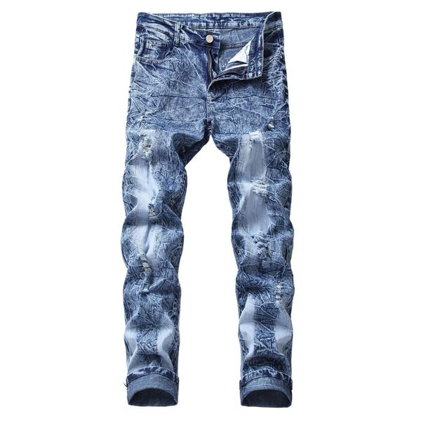 

men's jeans fashion brand distressed mens stretch ripped for men biker denim pants urban clothes, Blue