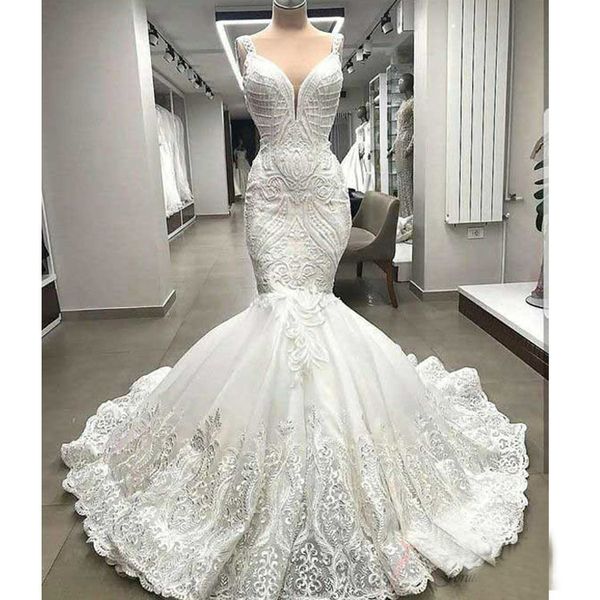 

2020 new mermaid wedding dresses spaghetti lace appliques bridal gowns plus size flower pattern floor length wedding dress, White