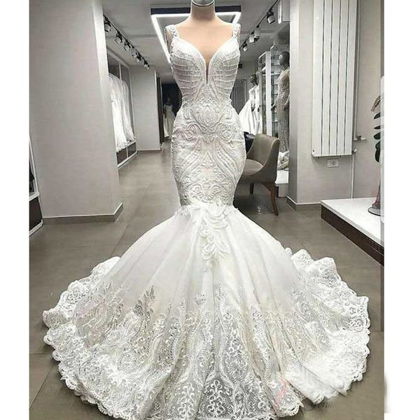 2020 neue Meerjungfrau Brautkleider Sexy Spaghetti Spitze Applikationen Brautkleider Plus Size Blumenmuster bodenlanges Hochzeitskleid