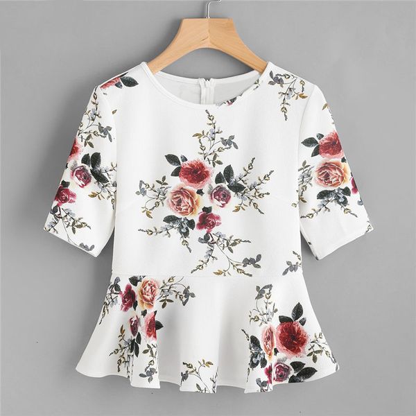 

женщины top рюшами блуза zipper назад сборки хем баски top new round neck цветочные zipper женщины блузка с коротким рукавом multicolor блуз, White
