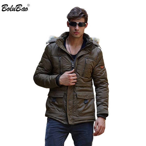 

bolubao зима мужская теплая парка пальто сгущает мужской меховой воротник с капюшоном парка моды для мужчин парки пальто одежда, Tan;black