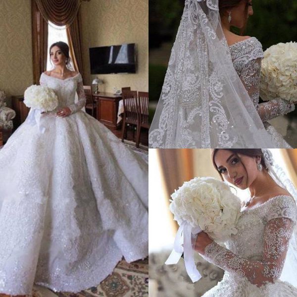 

vintage dubai ball gown bridal dresses alencon lace appliques sequins off the shoulder long sleeves with bridal veil sweep train, White;black