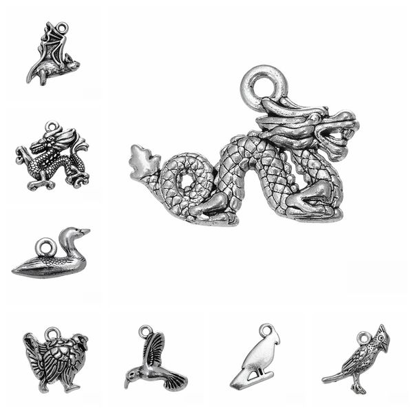 

10pcs charms animals dragon butterfly dragonfly bat duck hen penguin bird parrot toucan swallow antique silver color, Bronze;silver