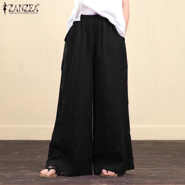 

women's pants & capris 2021 zanzea women trousers summer elastic waist solid wide leg femme robe streetwear pantalon casual long plus s, Black;white