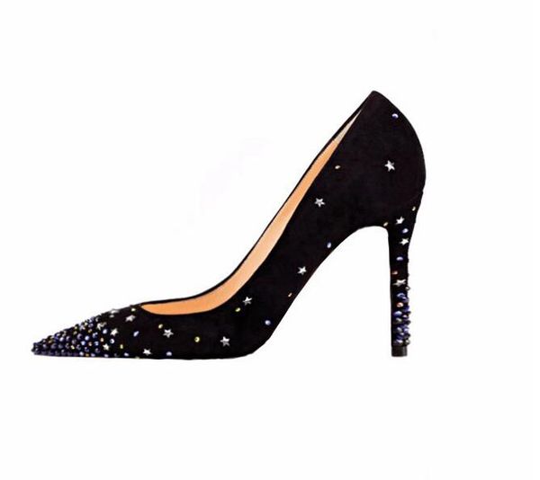 

women wedding pumps slip on red wild thin heels pointed shallow silver sequins rivet shiny star rhinestone party high heels shoes, Black