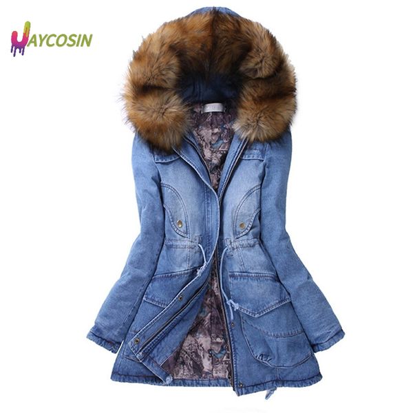

jaycosin winter cotton coat women warm jean coat with hooded solid fur collar thicken jeans outwear wide denim jacket, Black