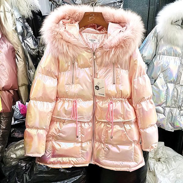 

2019 winter long pink parka women new large fur collar down padded women's colorful glitter hooded thick warm cotton girls lady, Black