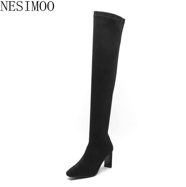 

nesimoo 2019 women over knee high boots flock thin high heel slip on pointed toe fashion westrn style women boots size 33-40, Black