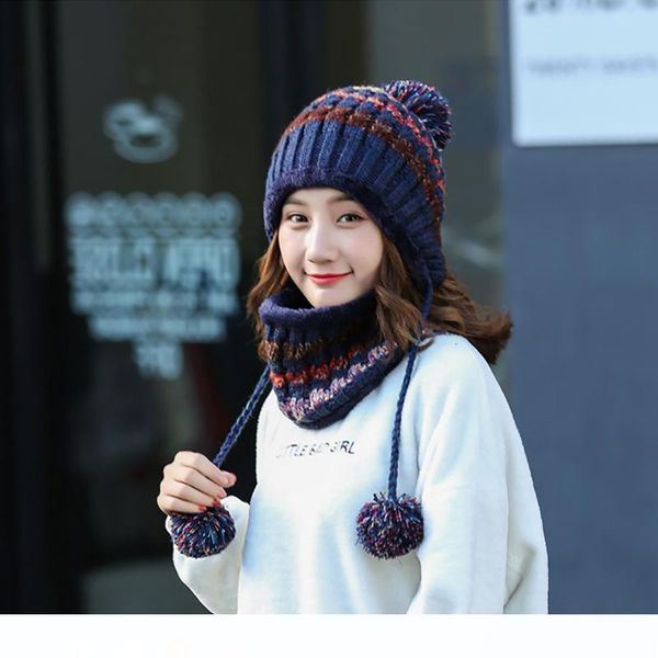 

девочка теплый лыжный 2019 трикотажной нового бренда женские головные уборы шарф cap neck warmer высокого качества зимы женщин мяч hat толст, Blue;gray