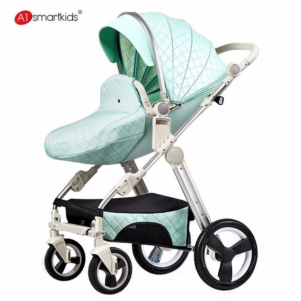 

mom pu leather baby stroller high landscape two way can lay down can seat can change direction