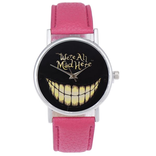 

2019 new funny grinning pattern pure black background english graffiti no number models leather quartz round gift watches, Slivery;brown