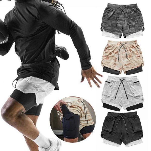 

2020 camo running shorts men 2 in 1 double-deck quick dry fitness jogging workout shorts men sports short pants gym loose short, Black;blue