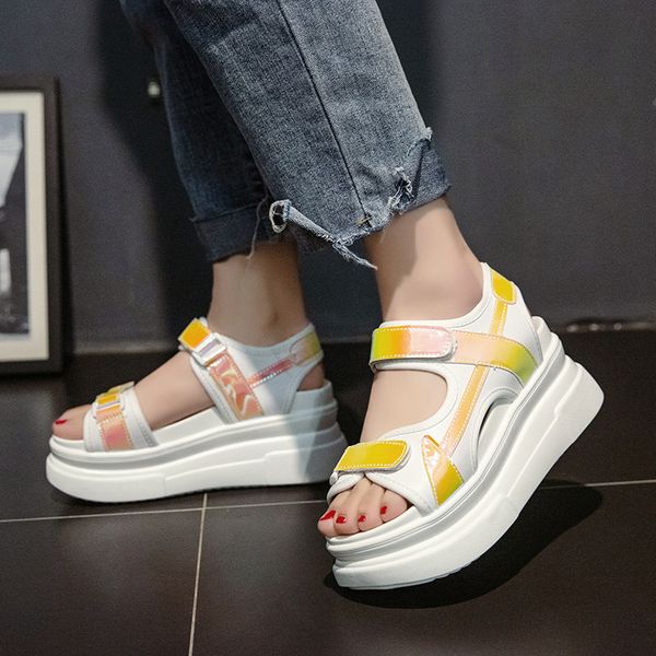 

2020 summer fashion high heel flat platform sandals open toe reflective color leather white sandals womens platform wedge sandal, Black