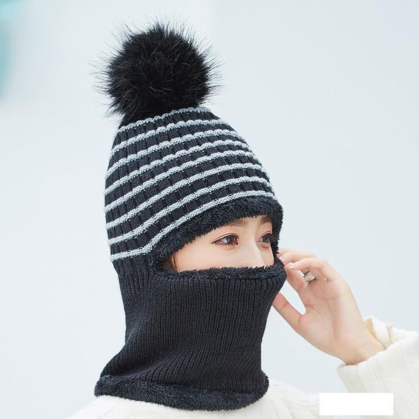 

girl warm ski 2018 new brand big fur pom poms ball knitted hats scarf hat set winter women beanie hat thick skullies female cap, Blue;gray