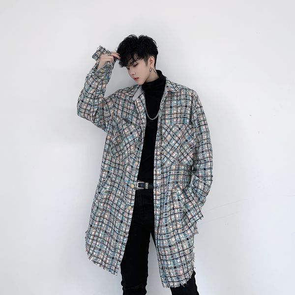 

male streetwear hip hop cardigan coat outerwear men vintage weave plaid long sleeve tassel shirt style jacket, Black;brown