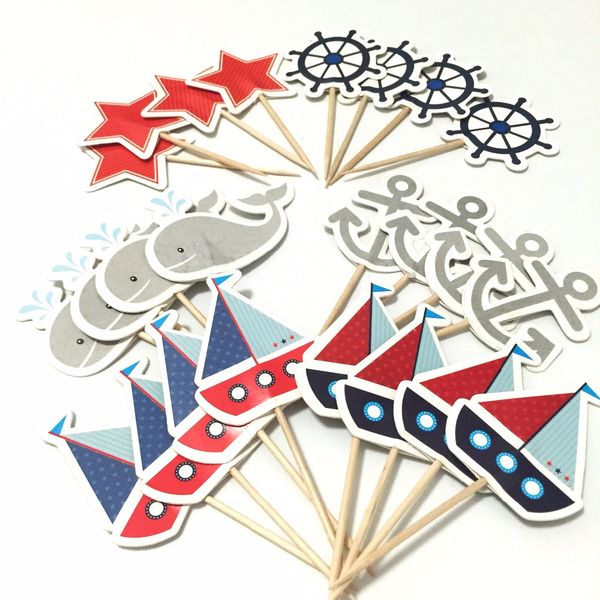 

24pcs navy sailing anchor cupcake er nautical themed cupcake picks flags for kids children birthday party cake decoration