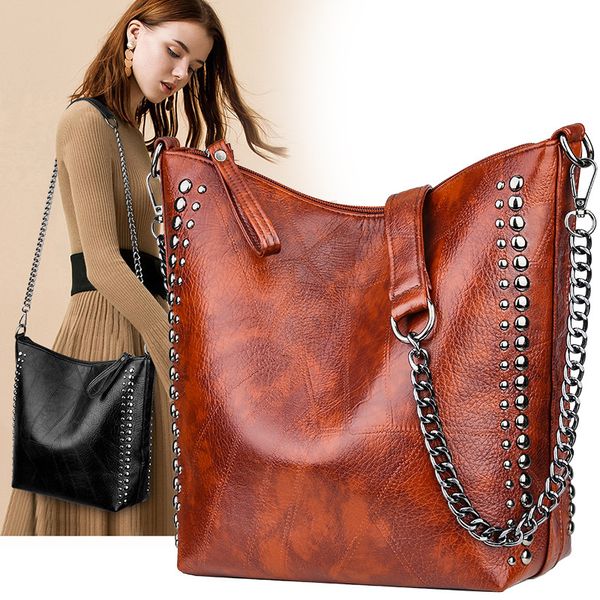 

заклепки женщины ведро сумка женские сумки на ремне цепи crossbody сумки высокое качество ретро лоскутная кожа большой винтаж леди сумка