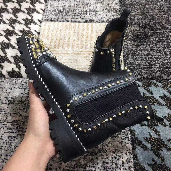 

exquisite gold spikes round toe red bottom boots for women black suede leather ankle boots designer studded lady party wedding
