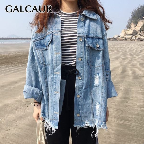 

galcaur korean denim coat for women lapel long sleeve button irregular ripped hole jacket female summer 2019 fashion clothes, Black;brown