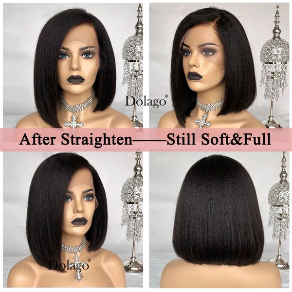 

lace front wig hand tied synthetic hair short yaki straight wigs for black women natural hairline hairstyles wigs