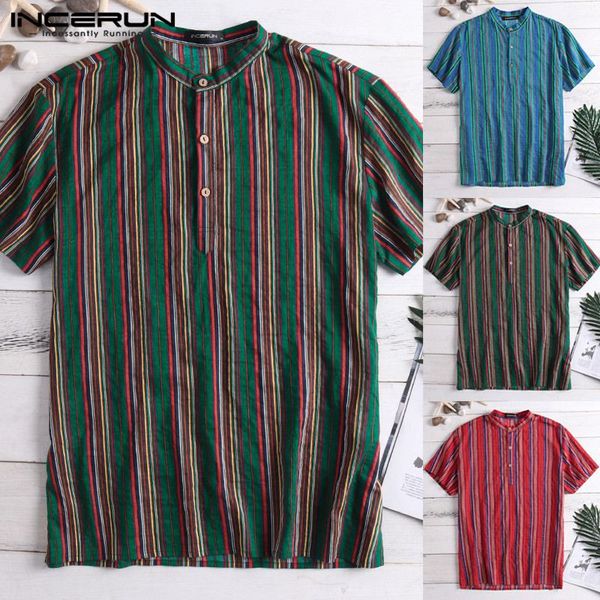 

incerun 2019 men striped shirt vintage colorful stand collar short sleeve button casual retro camisa brand shirts men s-5xl, White;black