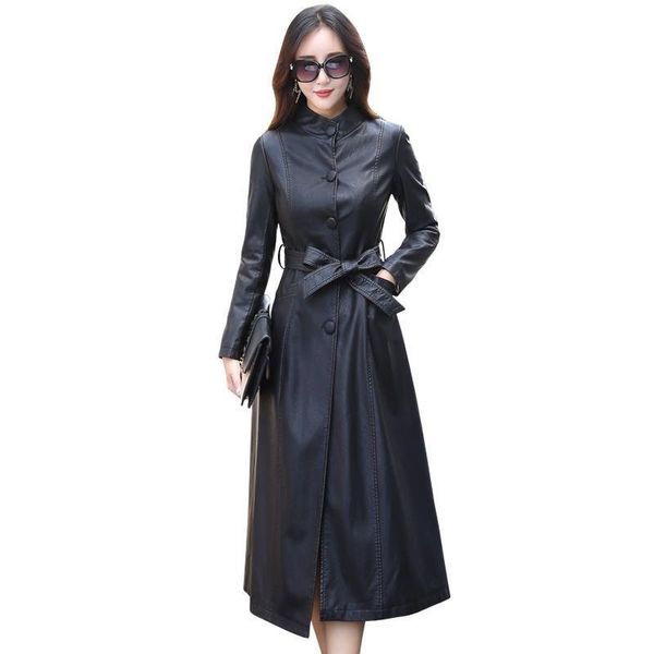 

women leather jacket trench coat 2019 autumn winter women classic slim single-breasted windbreaker elegant outerwear plus size, Black
