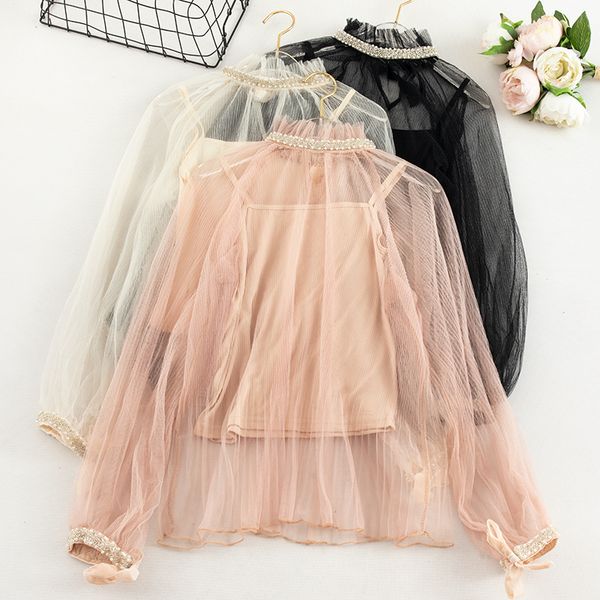 

2019 women autumn flare sleeve basic striped mesh gauze ruffles shirt vintage slim pearl bead bandage strap pullover blouse, White