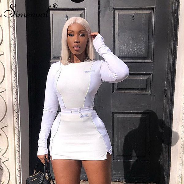 

casual fashion reflective striped two piece outfits women long sleeve and mini skirt sets 2019 autumn white set new