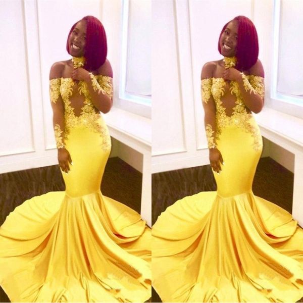 

2019 новые желтые африканские платья выпускного вечера русалки кружева с плеча с длинными рукавами прозрачный шлейф вечерние платья вечернее платье