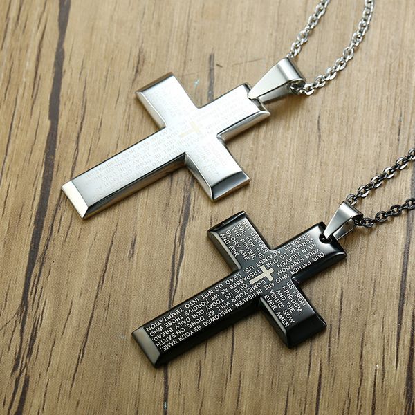 

black silver color fashion men's cross bible pendant necklace stainless steel link chain necklace jewelry gift for men boys j1151