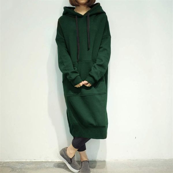 

fashion long style hooded hoodies dress women autumn casual tie collar big pocket hoody pullovers female outwear coat plus size, Black